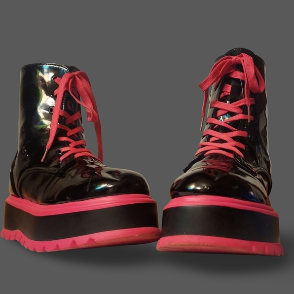 Unbranded Shoes - ✦✦Patent Pleather Black and Neon Pink Platform Boots Punk Cyberpunk Goth Rave✦✦
